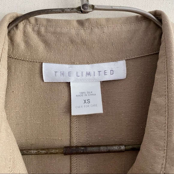 Vintage 90s The Limited Beige Raw Silk Button Front Collared Midi Safari Dress - Picture 11 of 12